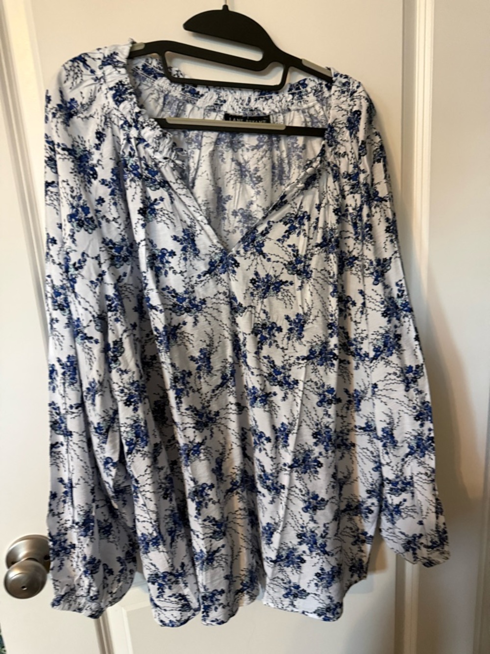 Lane Bryant White Blouse with Blue Floral Print